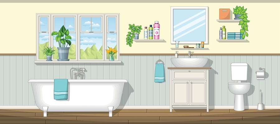 Et tegnet badeværelse med badekar, håndvask og toilet